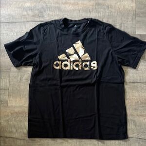 NWOT Adidas Men's Black Tee with Metallic Gold Logo